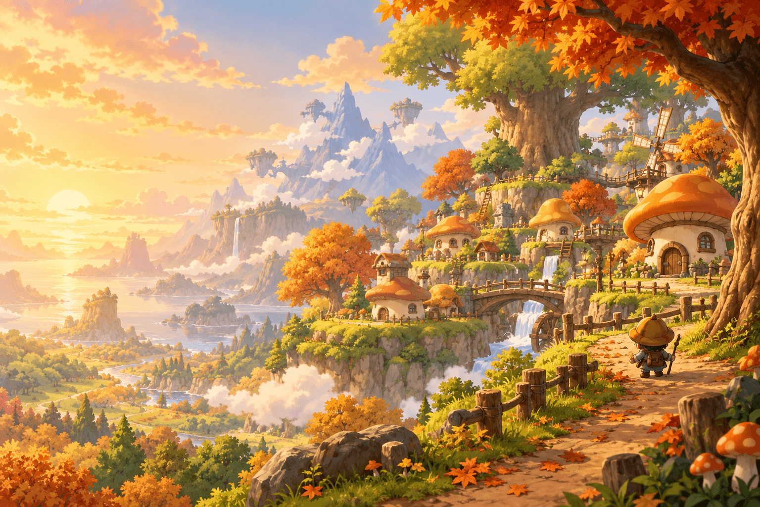 An original illustration of a whimsical village among trees and mountains